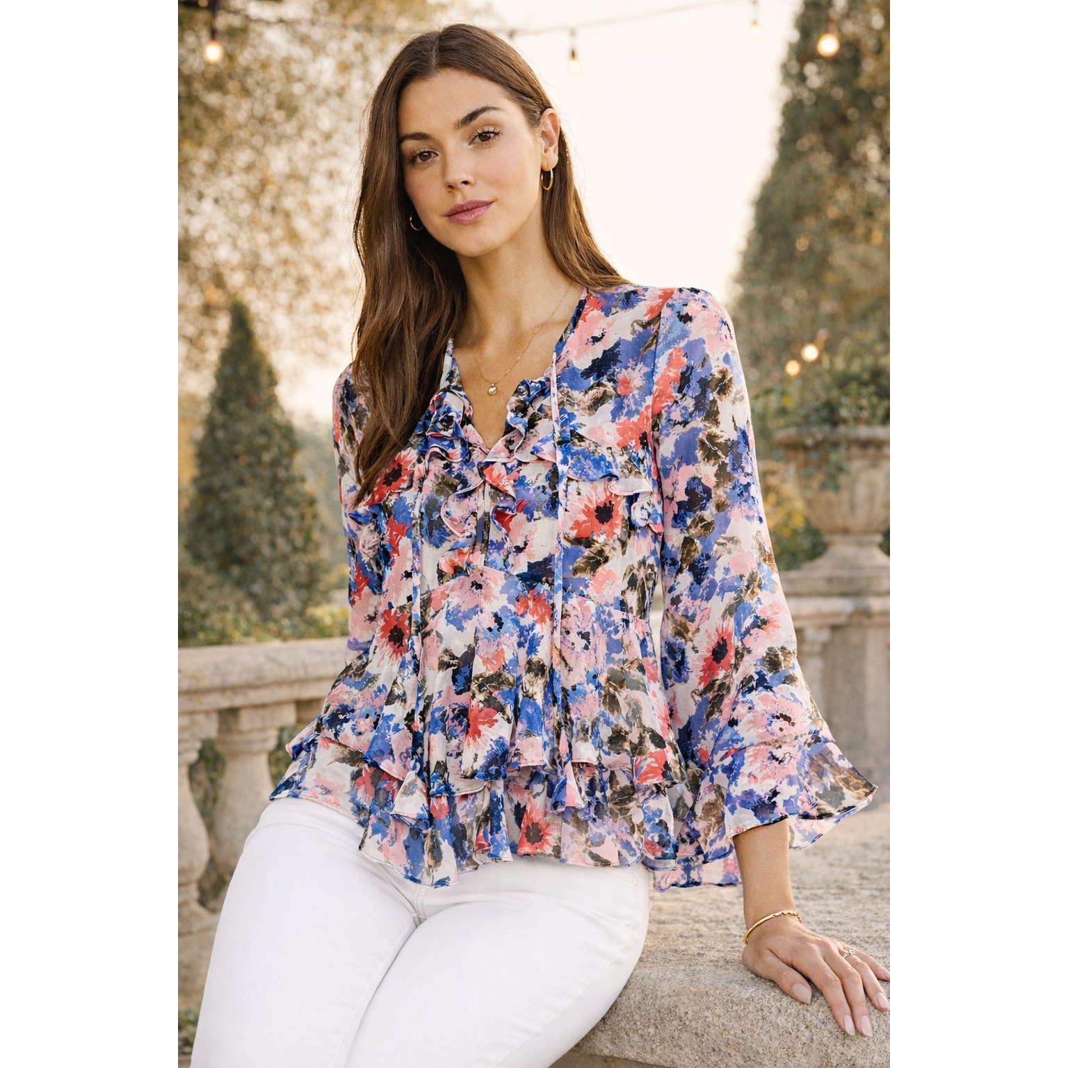 Misa Damaris Floral Ruffle Peplum Top Size L Romantic Boho Feminine Indie Chic